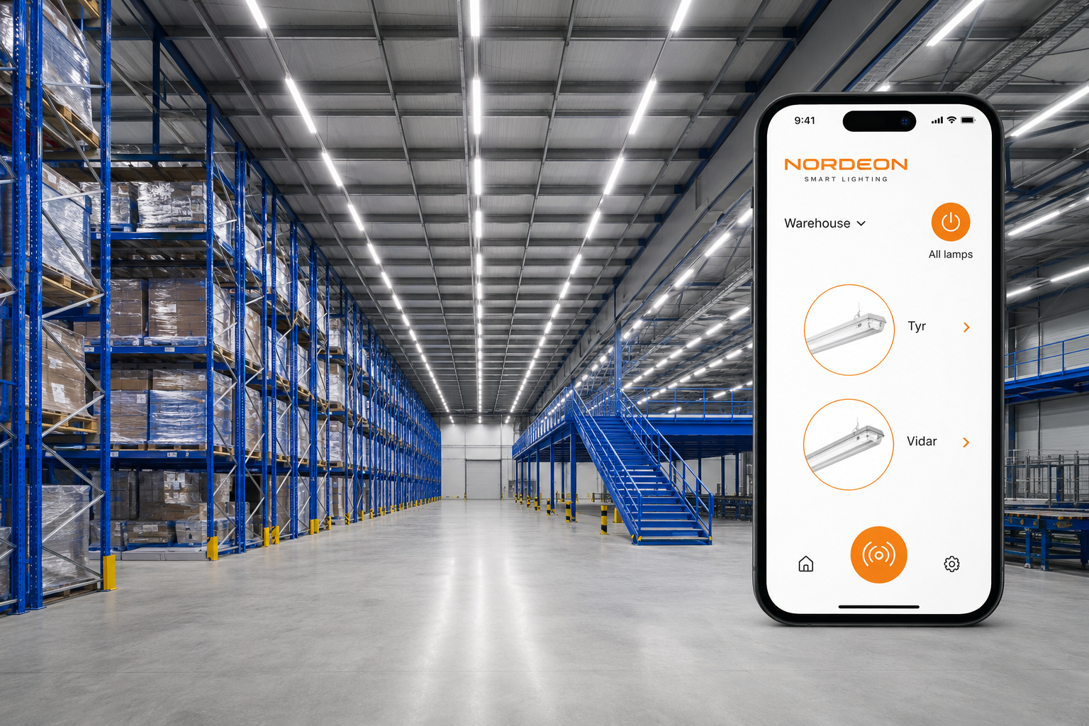 Warehouse LED high-bay lighting with smart controls