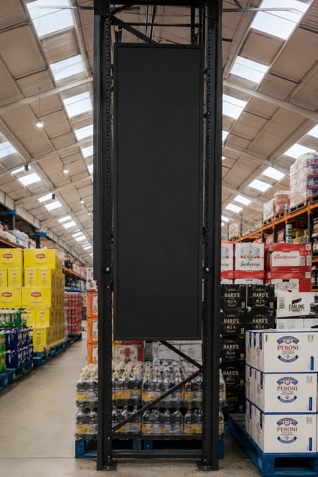 LED display mounted between cash & carry racking