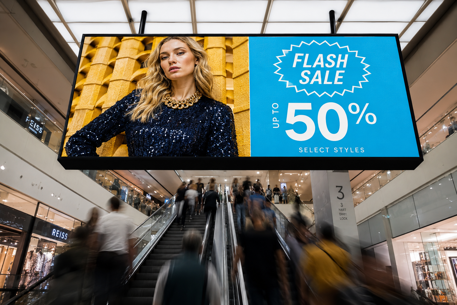 Indoor advertising LED display above retail escalator