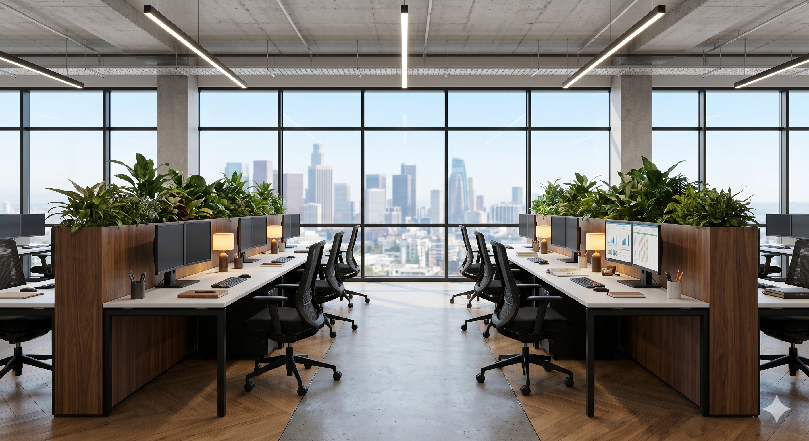 Office workstations with city view