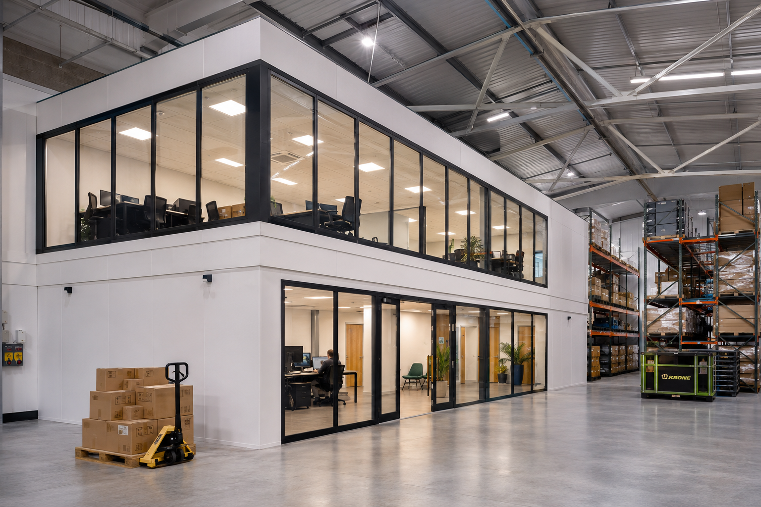 Two-tier mezzanine in warehouse
